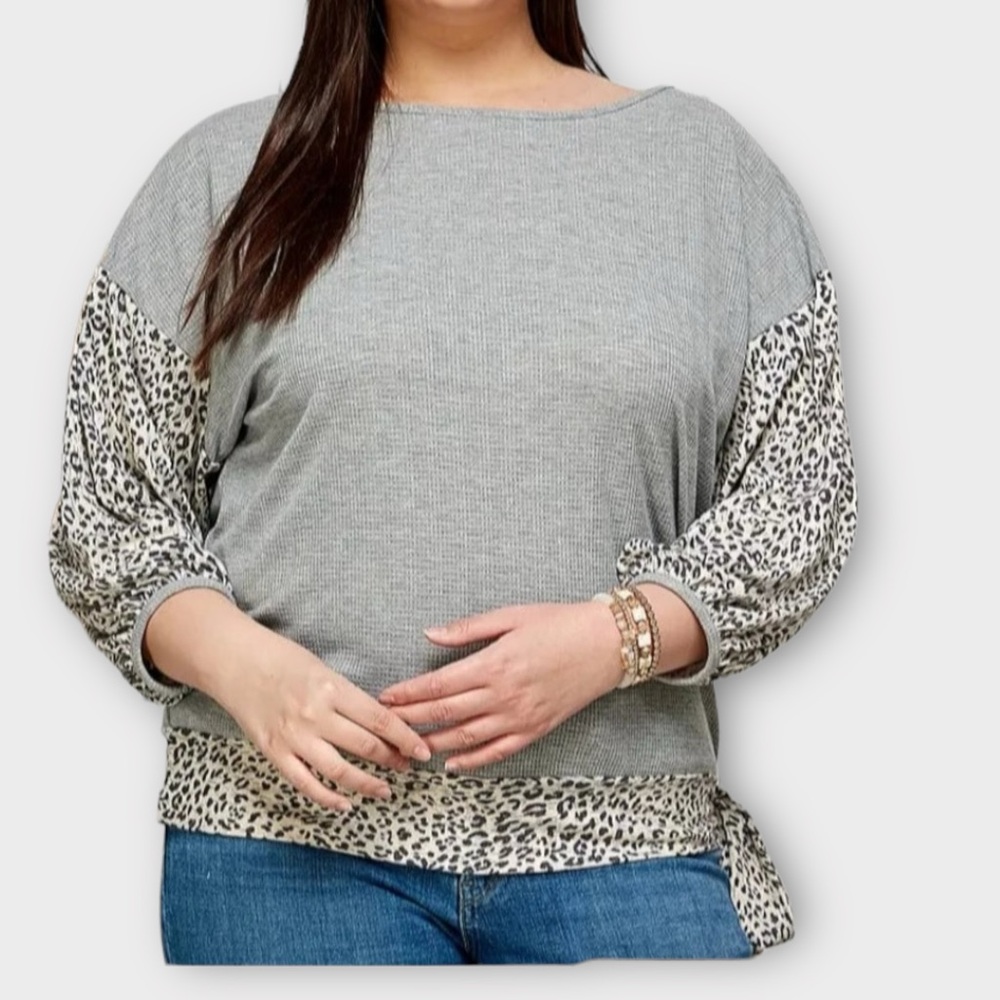 Shop in LA Color Block Waffle Weave Shirt w/ Contrasting Animal Print Large NWT